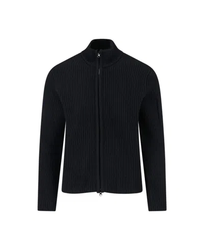 C.p. Company Ribbed Zip-up Knitwear With High Collar And Front Zipper In Black