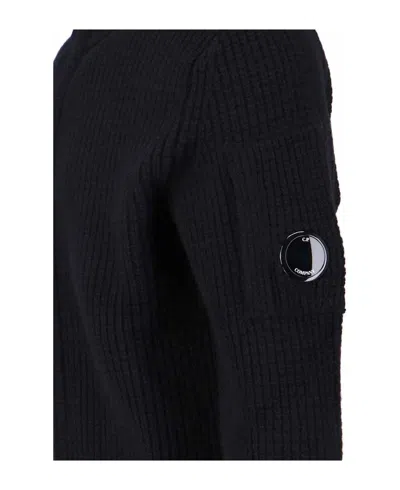 C.p. Company Ribbed Zip-up Knitwear With High Collar And Front Zipper In Black