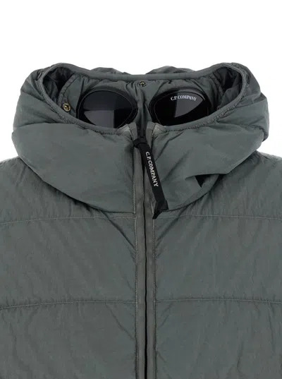 C.p. Company Grey Down Jacket With Fixed Hood With Googles Detail In Black