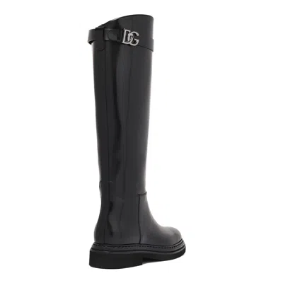Dolce & Gabbana Shiny Leather Knee-high Boots With Block Heel In Black
