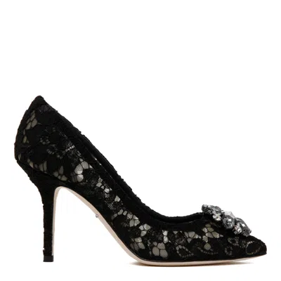 Dolce & Gabbana Black Taormina Lace Crystal Heel Pumps Shoes In Black