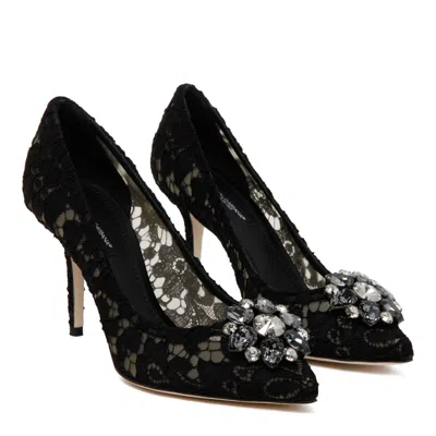Dolce & Gabbana Black Taormina Lace Crystal Heel Pumps Shoes In Black