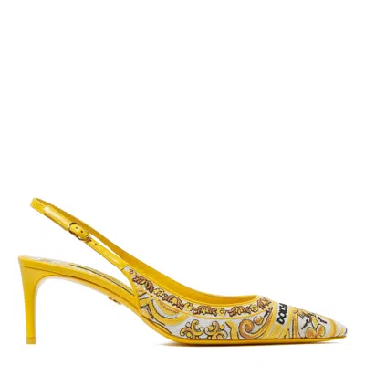 Dolce & Gabbana Maiolica Lollo Leather-trimmed Canvas-jacquard Slingback Pumps In Gold