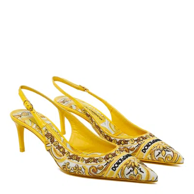 Dolce & Gabbana Maiolica Lollo Leather-trimmed Canvas-jacquard Slingback Pumps In Gold