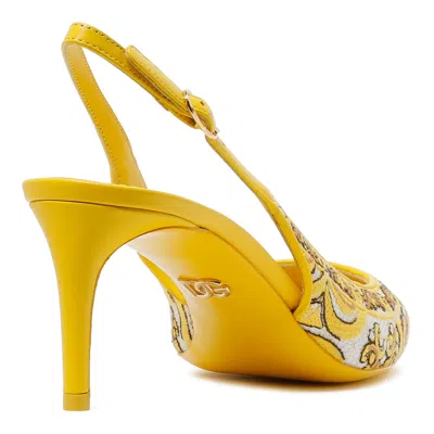 Dolce & Gabbana Maiolica Lollo Leather-trimmed Canvas-jacquard Slingback Pumps In Gold