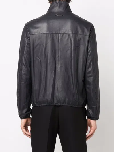 Emporio Armani Leather Jacket With Stand-up Collar In Black