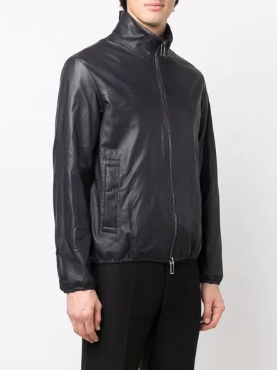 Emporio Armani Leather Jacket With Stand-up Collar In Black