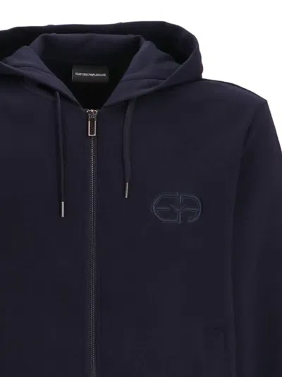 Emporio Armani Logo Cotton Hoodie In Blue