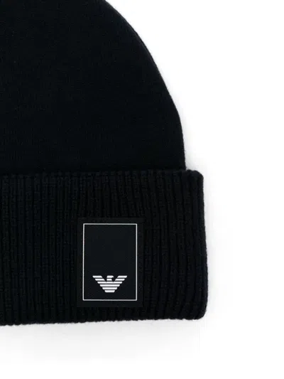 Emporio Armani Navy Blue Beanie Hat In Black