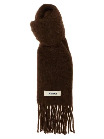 Jacquemus Carro Scarf With Soft Texture And Fringed Edges In Brown