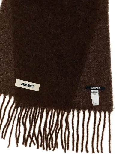 Jacquemus Carro Scarf With Soft Texture And Fringed Edges In Brown
