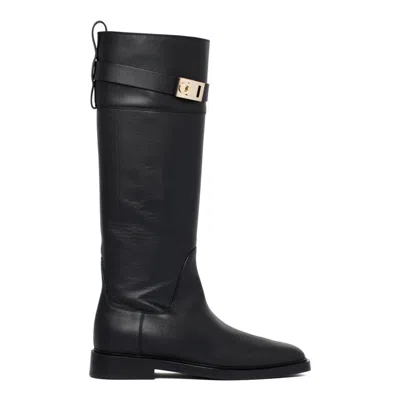 Ferragamo Roly Buckled Leather Knee Boots In Black