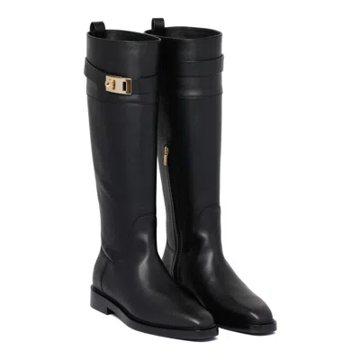 Ferragamo Roly Buckled Leather Knee Boots In Black
