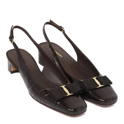 Ferragamo Square Toe Textured Sling Pump With Buckle In Black