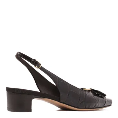 Ferragamo Square Toe Textured Sling Pump With Buckle In Black