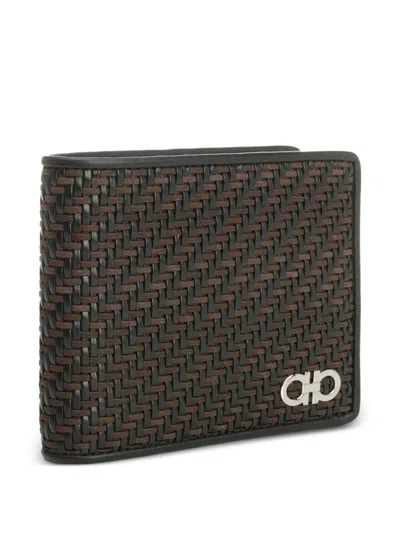 Ferragamo Two-tone Woven Leather Bi-fold Wallet In Brown