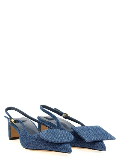 Jacquemus Block Heel Denim Texture Pointed Toe Slingback In Blue