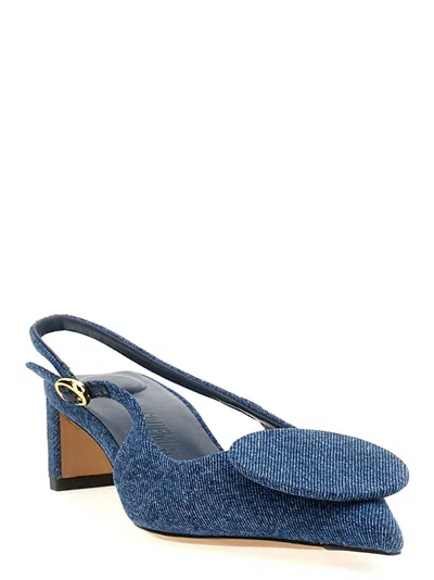 Jacquemus Block Heel Denim Texture Pointed Toe Slingback In Blue