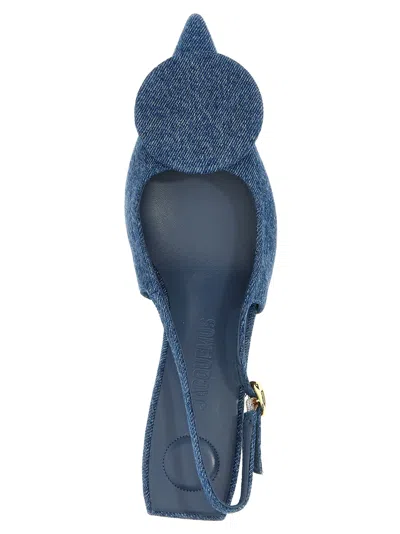 Jacquemus Block Heel Denim Texture Pointed Toe Slingback In Blue