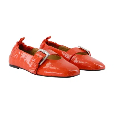 Ganni Crocodile-effect Buckle Ballet Flats In Orange