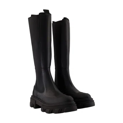 Ganni Chelsea High Leather Boots In Black