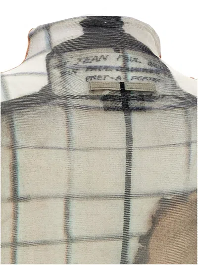 Jean Paul Gaultier Twisted Body-print Mesh Long-sleeve Bodysuit In Gray