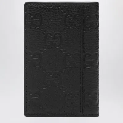 Gucci Men Black Bi-fold Wallet With Vertical Design In Gg Granied Leather Man In Black