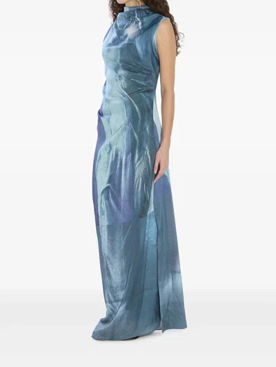 Jean Paul Gaultier Women Printed Long Sleeveless Satin Dress With Cuffling Detail On The Back In Blue