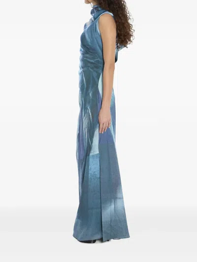 Jean Paul Gaultier Women Printed Long Sleeveless Satin Dress With Cuffling Detail On The Back In Blue