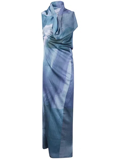 Jean Paul Gaultier Women Printed Long Sleeveless Satin Dress With Cuffling Detail On The Back In Blue
