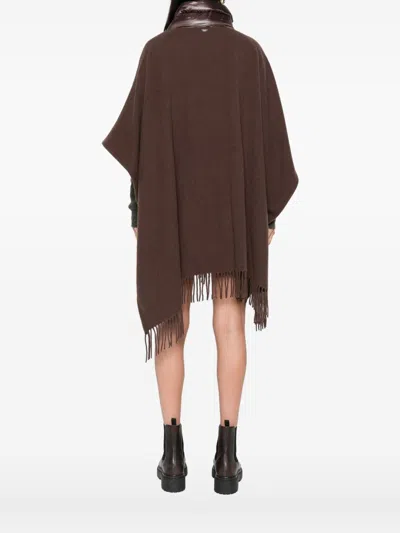 Herno Brown Cape With Drawstring Collar And Fringed Hem In Tech Fabric Woman In Brown