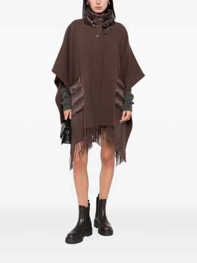 Herno Brown Cape With Drawstring Collar And Fringed Hem In Tech Fabric Woman In Brown