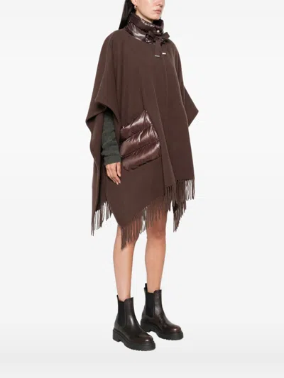 Herno Brown Cape With Drawstring Collar And Fringed Hem In Tech Fabric Woman In Brown