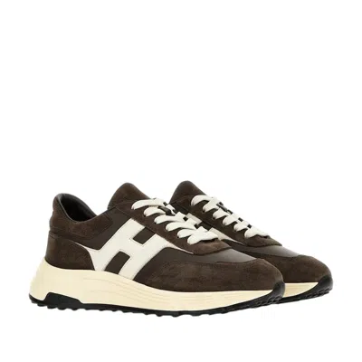 Hogan Coffee Brown Leather Sneakers With Memory Foam Insole In Multi