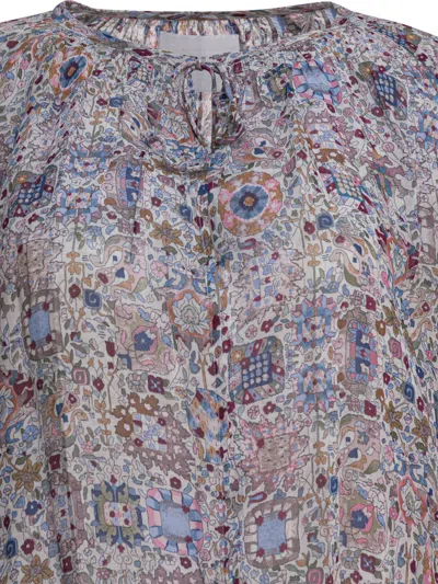 Isabel Marant Étoile Waist Elastic Floral Long Sleeve Round Neck Ruffled Hem In Purple