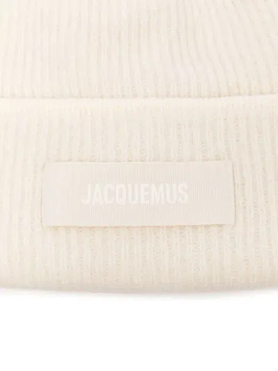 Jacquemus Ribbed White Beanie With Subtle Logo Detailing In White