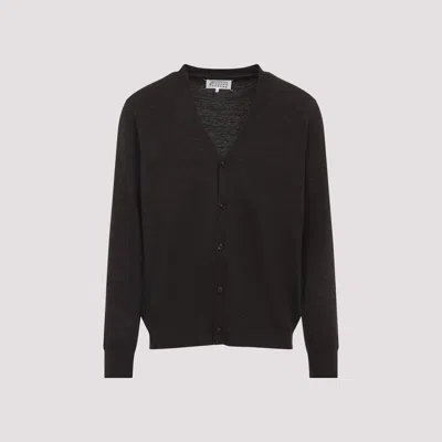 Maison Margiela Brown Wool Cardigan With Suede Elbow Patches In Brown
