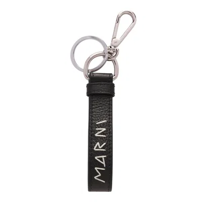 Marni Black Calf Leather Keychain In Black