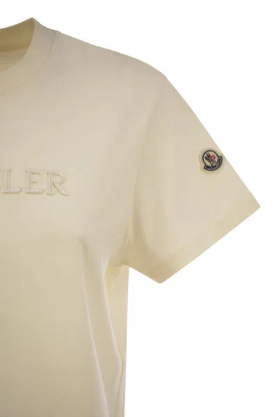Moncler Cotton T Shirt With Tone On Tone Embroidered Logo In Neutral