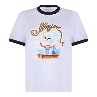 Msgm White Crewneck T-shirt With Logo Print On The Front In Cotton Woman In White