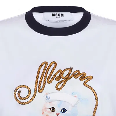 Msgm White Crewneck T-shirt With Logo Print On The Front In Cotton Woman In White