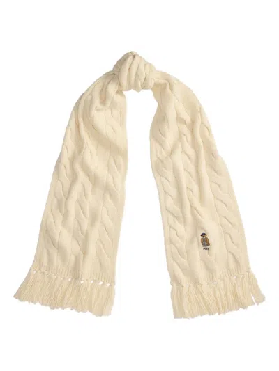 Polo Ralph Lauren Cable-knit Bear-embroidered Scarf In Neutral