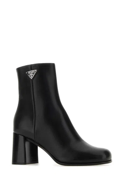 Prada Ankle Length Leather Boots With Block Heel In Black