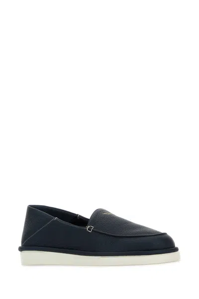 Prada Textured Leather Loafers In Blue