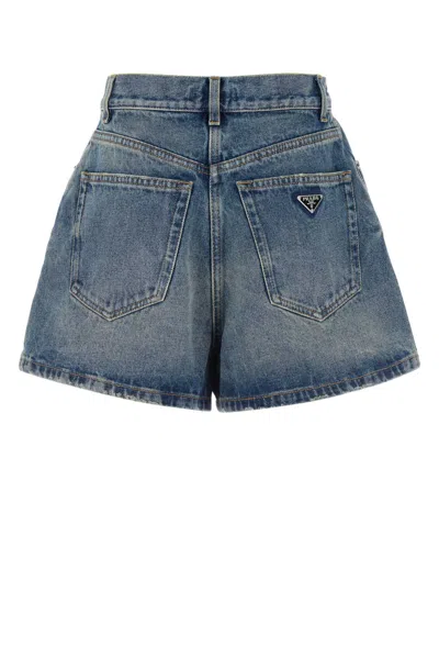 Prada High-rise Logo-plaque Denim Shorts In Blue