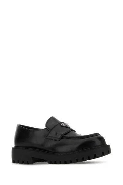 Prada Polished Black Leather Loafers With Chunky Rubber Sole In Black