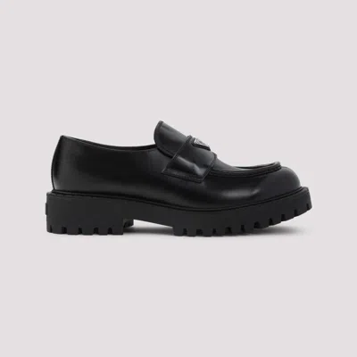 Prada Polished Black Leather Loafers With Chunky Rubber Sole In Black