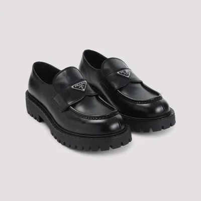 Prada Polished Black Leather Loafers With Chunky Rubber Sole In Black