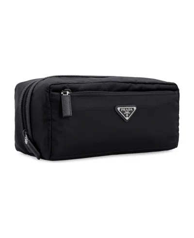 Prada Re-nylon And Saffiano Leather Travel Pouch Accessories In Black