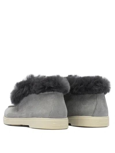 Santoni Fur Trim Rubber Sole Ankle Boots In Gray